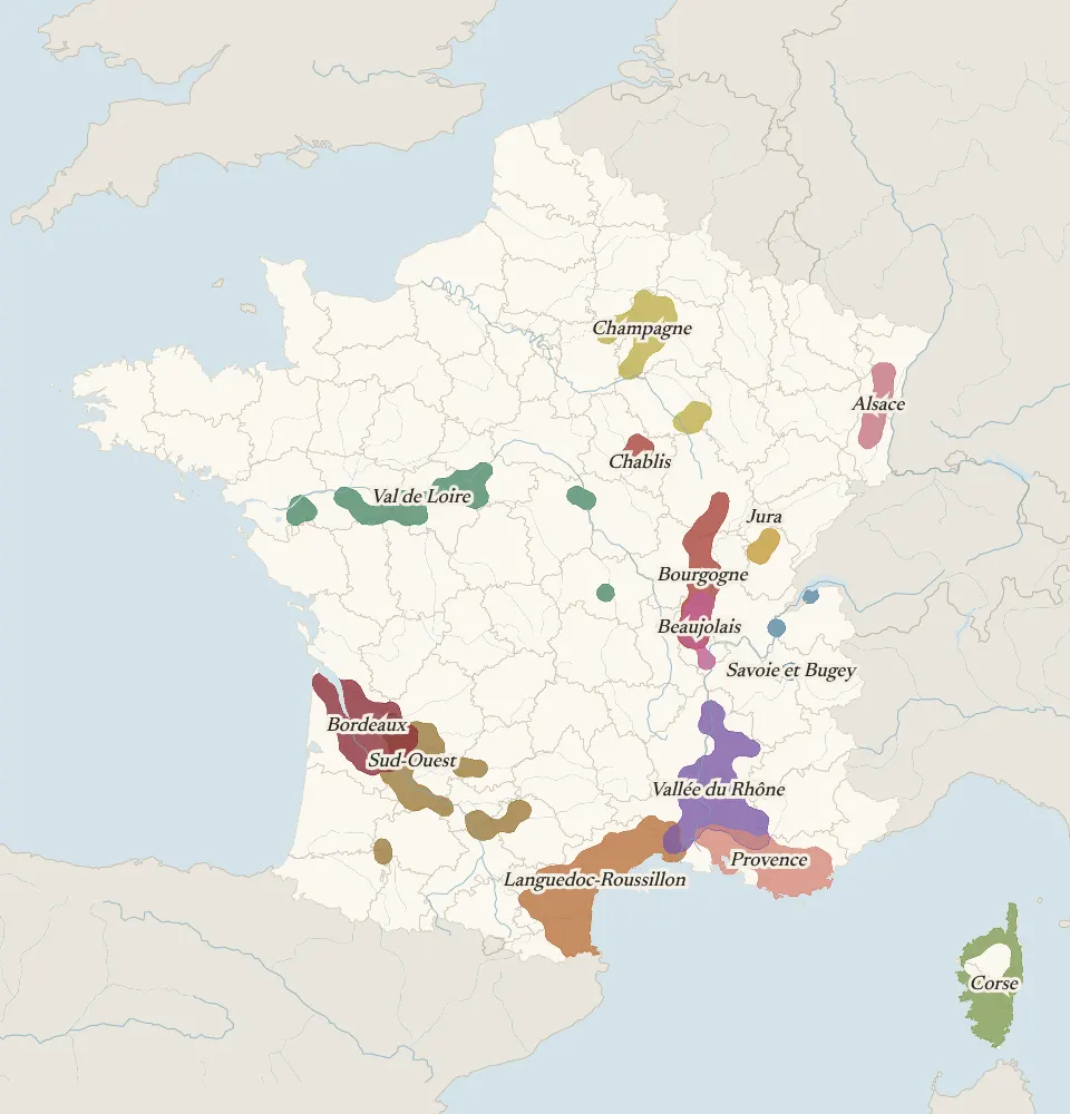 La carte de France des 13 régions viticoles, chacune dans sa couleur, avec son nom.