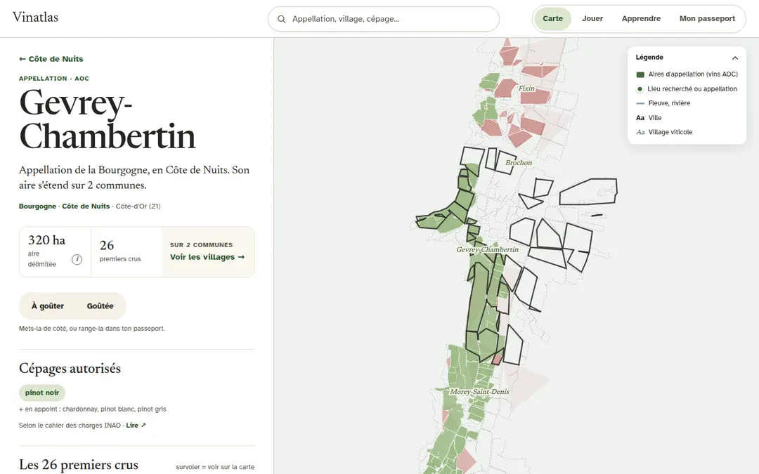 La fiche d'une appellation : sa carte, ses couleurs de vin, ses cépages et ses communes.