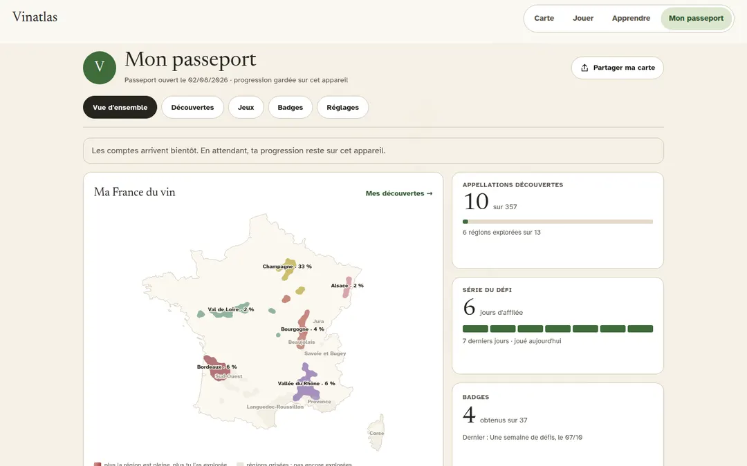Le passeport : la carte des régions explorées, les appellations découvertes et la série de défis.